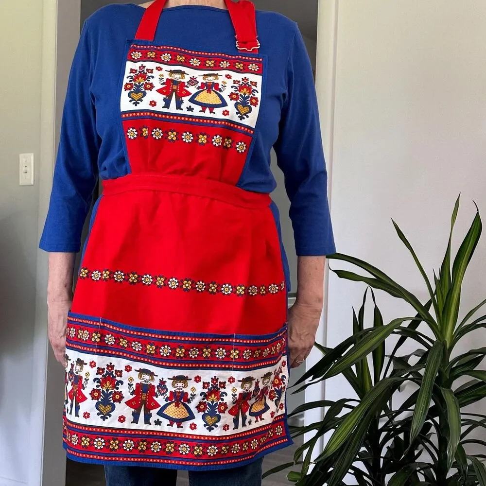 Vintage Kolf Austria Folk Art Kitchen 2 Pc Set Red Blue Bib Apron & Table Square